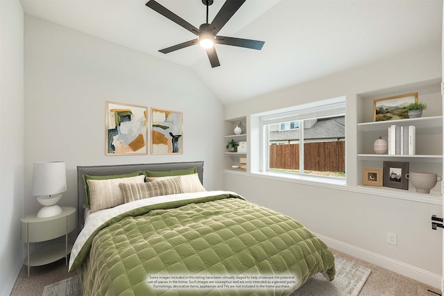 bedroom featuring carpet flooring, ceiling fan, and lofted ceiling