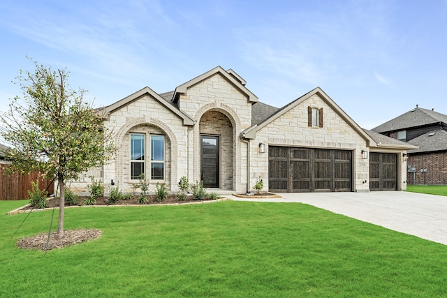 view of front of house featuring a front yard and a garage