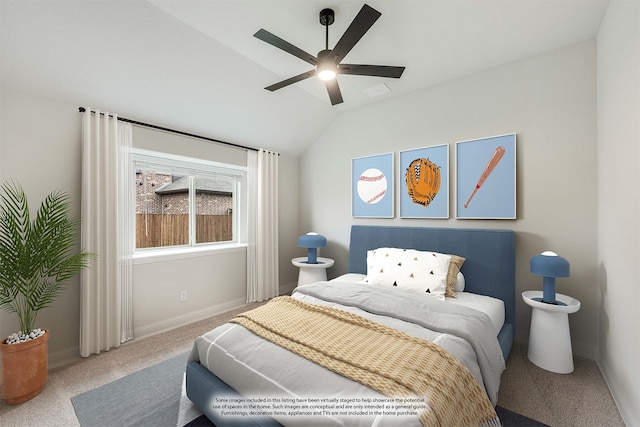 carpeted bedroom with ceiling fan and lofted ceiling