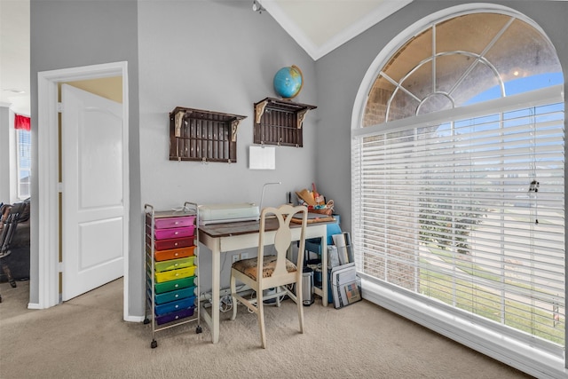 office with lofted ceiling, ornamental molding, and light carpet