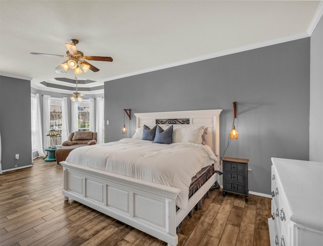bedroom featuring access to outside, baseboards, ornamental molding, dark wood-style floors, and a ceiling fan
