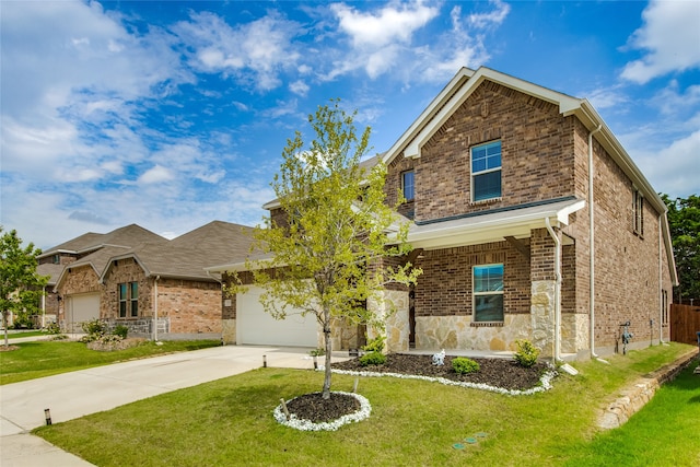 craftsman inspired home featuring a garage and a front lawn