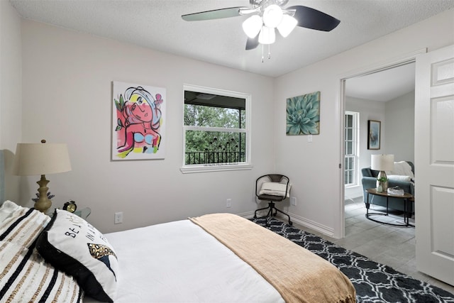 bedroom featuring a textured ceiling and ceiling fan