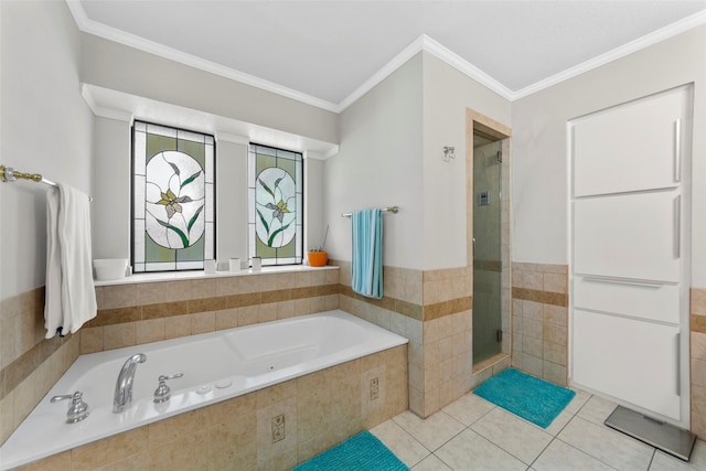 bathroom with a healthy amount of sunlight, tile patterned flooring, crown molding, and independent shower and bath