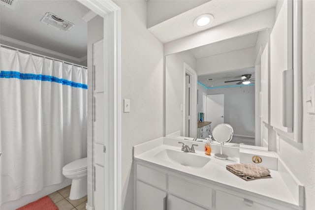 bathroom featuring toilet, walk in shower, tile patterned flooring, ornamental molding, and vanity