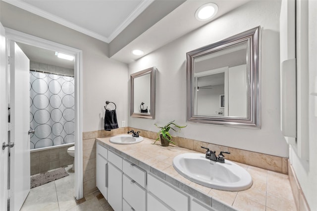 full bathroom with tile patterned flooring, toilet, vanity, ornamental molding, and shower / bath combo