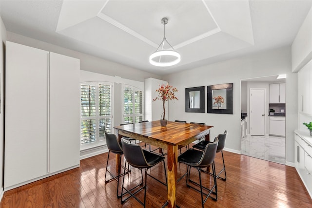 dining space featuring a tray ceiling and hardwood / wood-style floors