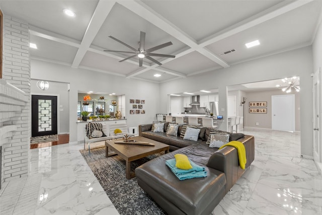 living room featuring beam ceiling, ceiling fan, and coffered ceiling