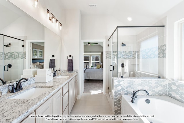 bathroom featuring vanity, tile patterned floors, ceiling fan, and plus walk in shower