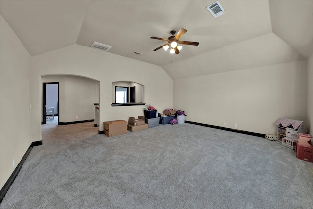 bonus room with ceiling fan, light colored carpet, and lofted ceiling