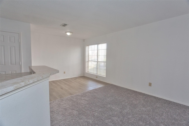 unfurnished living room featuring light colored carpet and a textured ceiling