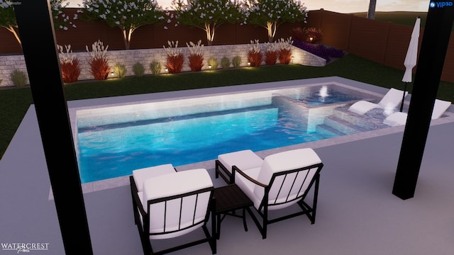 view of swimming pool with a lawn and an in ground hot tub