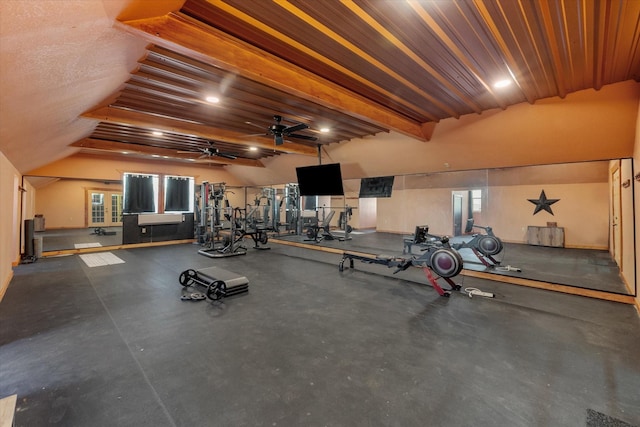 gym with vaulted ceiling and ceiling fan