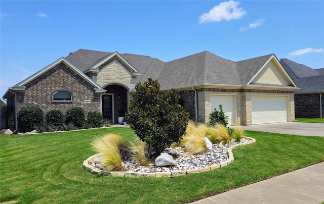 view of front of property featuring a shingled roof, a front yard, brick siding, and driveway