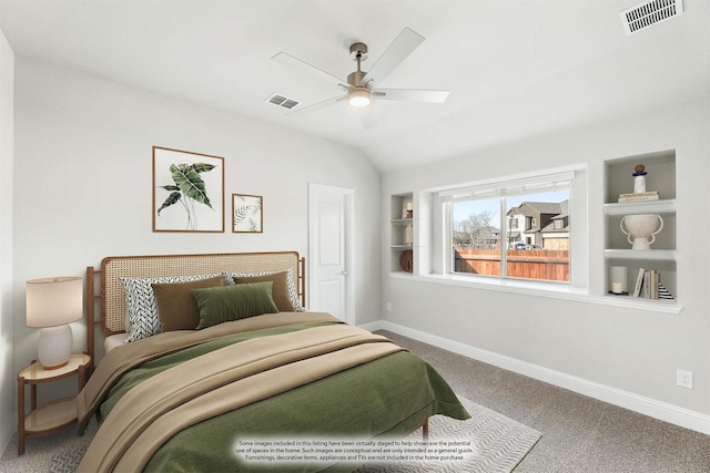 carpeted bedroom featuring ceiling fan and lofted ceiling