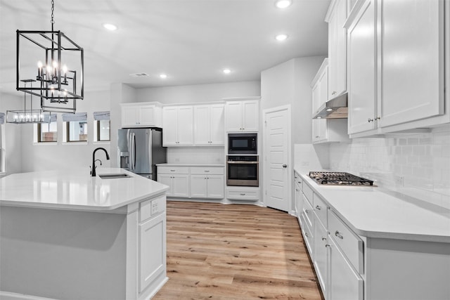 kitchen with light wood finished floors, a sink, decorative backsplash, stainless steel appliances, and under cabinet range hood