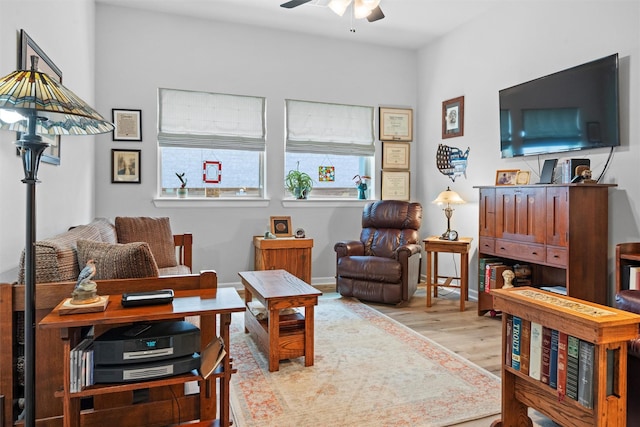 living room with ceiling fan and light hardwood / wood-style flooring