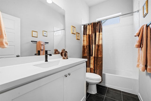 full bathroom with vanity, shower / tub combo, tile patterned flooring, and toilet