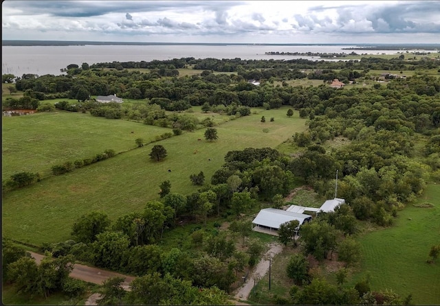 aerial view featuring a water view and a rural view