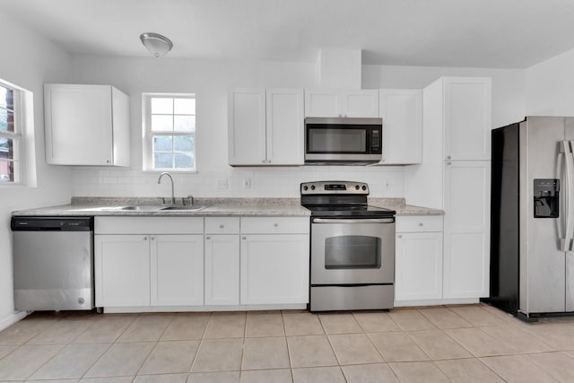 kitchen featuring tasteful backsplash, sink, white cabinets, and stainless steel appliances