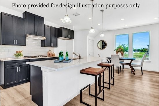 kitchen featuring pendant lighting, tasteful backsplash, light wood-type flooring, and an island with sink