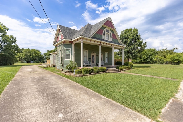 victorian house featuring covered porch and a front yard