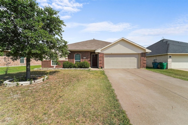 single story home featuring a front yard and a garage