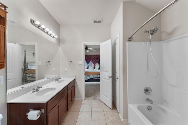 bathroom featuring ceiling fan, tile patterned flooring, vanity, and shower / bath combination