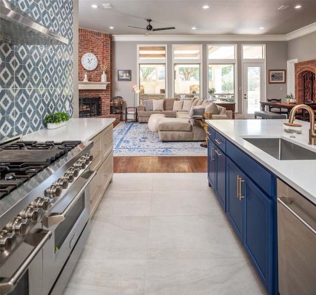 kitchen with sink, blue cabinetry, a fireplace, light hardwood / wood-style floors, and stainless steel appliances