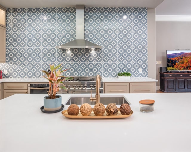 336 Oakwood Trl, Fairview, TX 75069 - kitchen featuring wall chimney exhaust hood, light countertops, and crown molding