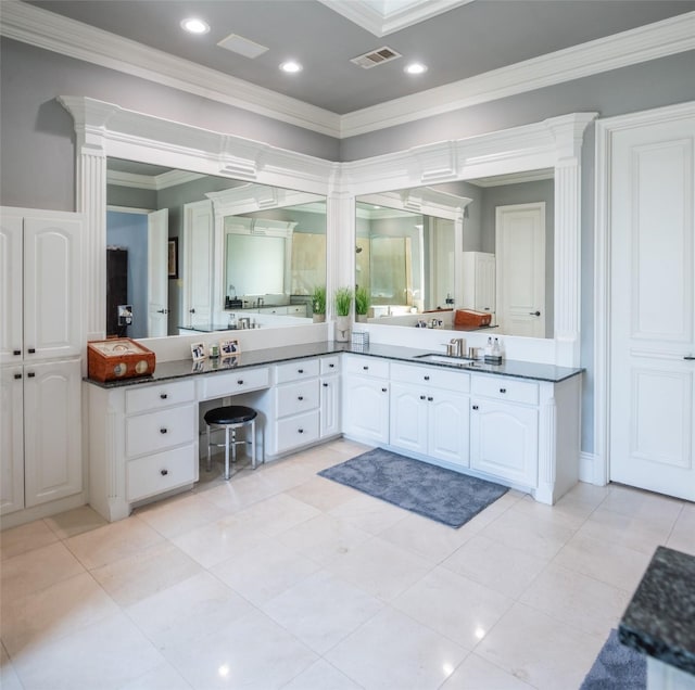 336 Oakwood Trl, Fairview, TX 75069 - full bath with ornamental molding, decorative columns, vanity, and recessed lighting