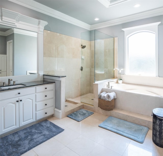 336 Oakwood Trl, Fairview, TX 75069 - bathroom with walk in shower, crown molding, a bath, vanity, and tile patterned flooring