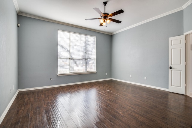 empty room featuring ceiling fan, dark wood-type flooring, and ornamental molding