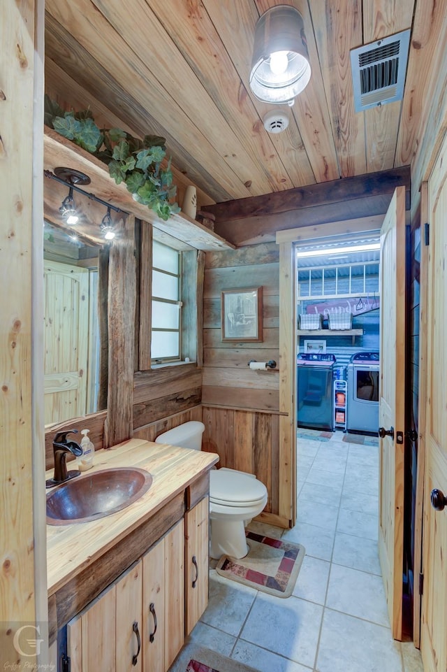 bathroom with tile patterned flooring, toilet, wooden walls, and wood ceiling