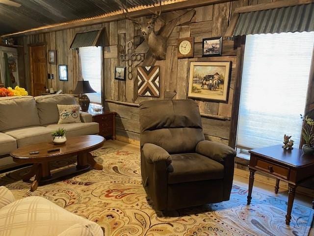 sitting room with wooden walls