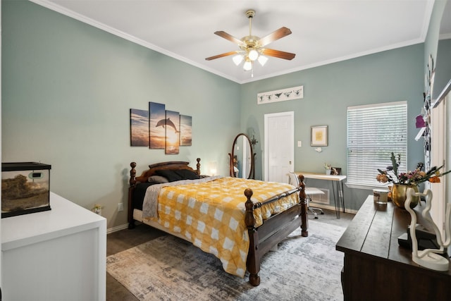 bedroom featuring ceiling fan and ornamental molding