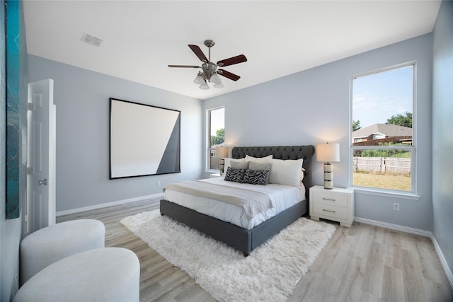 bedroom featuring ceiling fan and light wood-type flooring