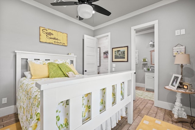 bedroom featuring connected bathroom, ceiling fan, and ornamental molding