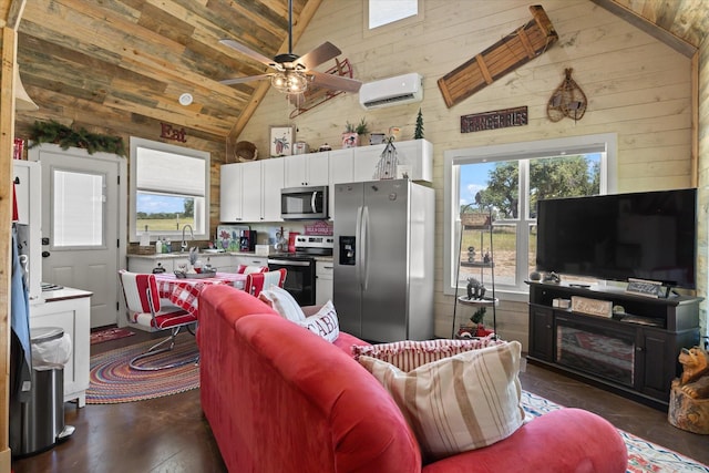 living room featuring wooden walls, sink, high vaulted ceiling, and a wall mounted air conditioner