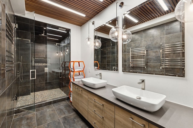 bathroom with double vanity, wooden ceiling, walk in shower, and radiator heating unit