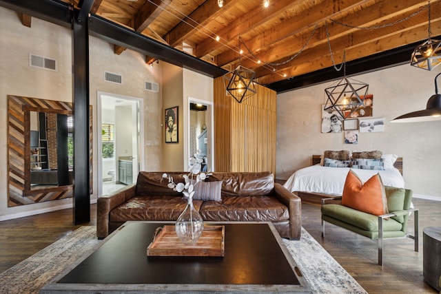 living room featuring beamed ceiling, high vaulted ceiling, dark hardwood / wood-style floors, and wood ceiling