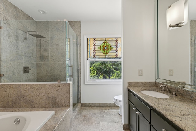 full bathroom with tile patterned flooring, independent shower and bath, toilet, and vanity