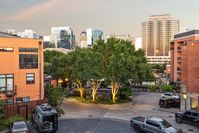 view of outdoor building at dusk