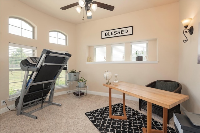 office area featuring ceiling fan and carpet