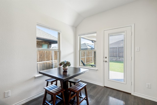 dining room featuring vaulted ceiling, plenty of natural light, and dark wood-type flooring