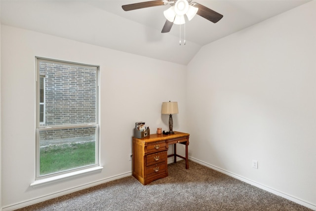 home office featuring ceiling fan, lofted ceiling, and carpet floors