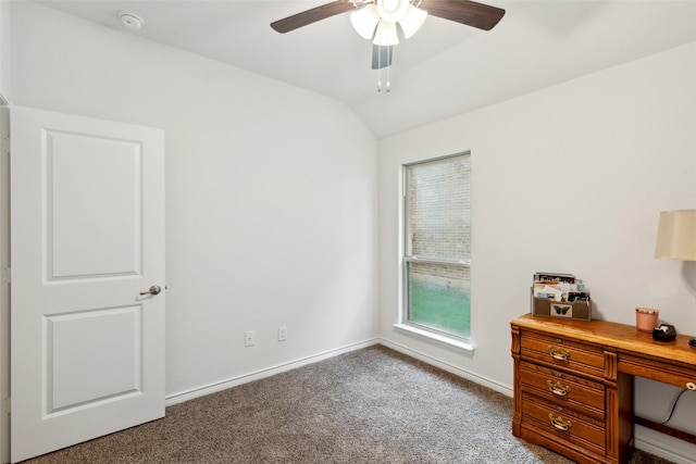 office with carpet, ceiling fan, and lofted ceiling