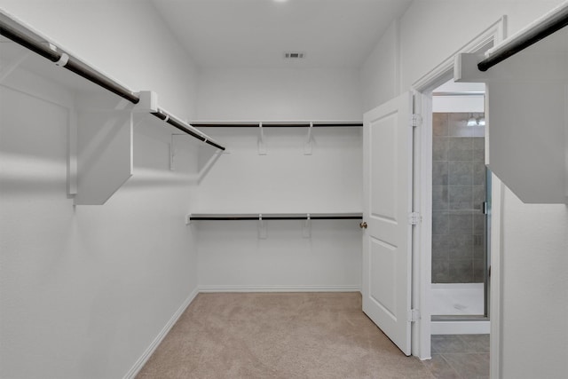 spacious closet featuring light carpet