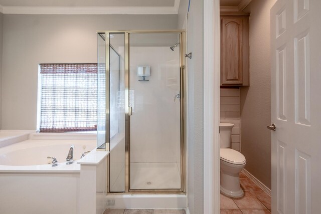 bathroom with independent shower and bath, ornamental molding, tile patterned flooring, and toilet