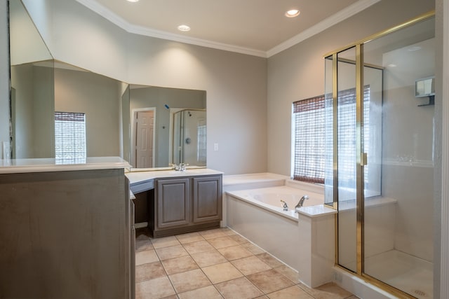 bathroom featuring crown molding, tile patterned floors, plus walk in shower, and vanity